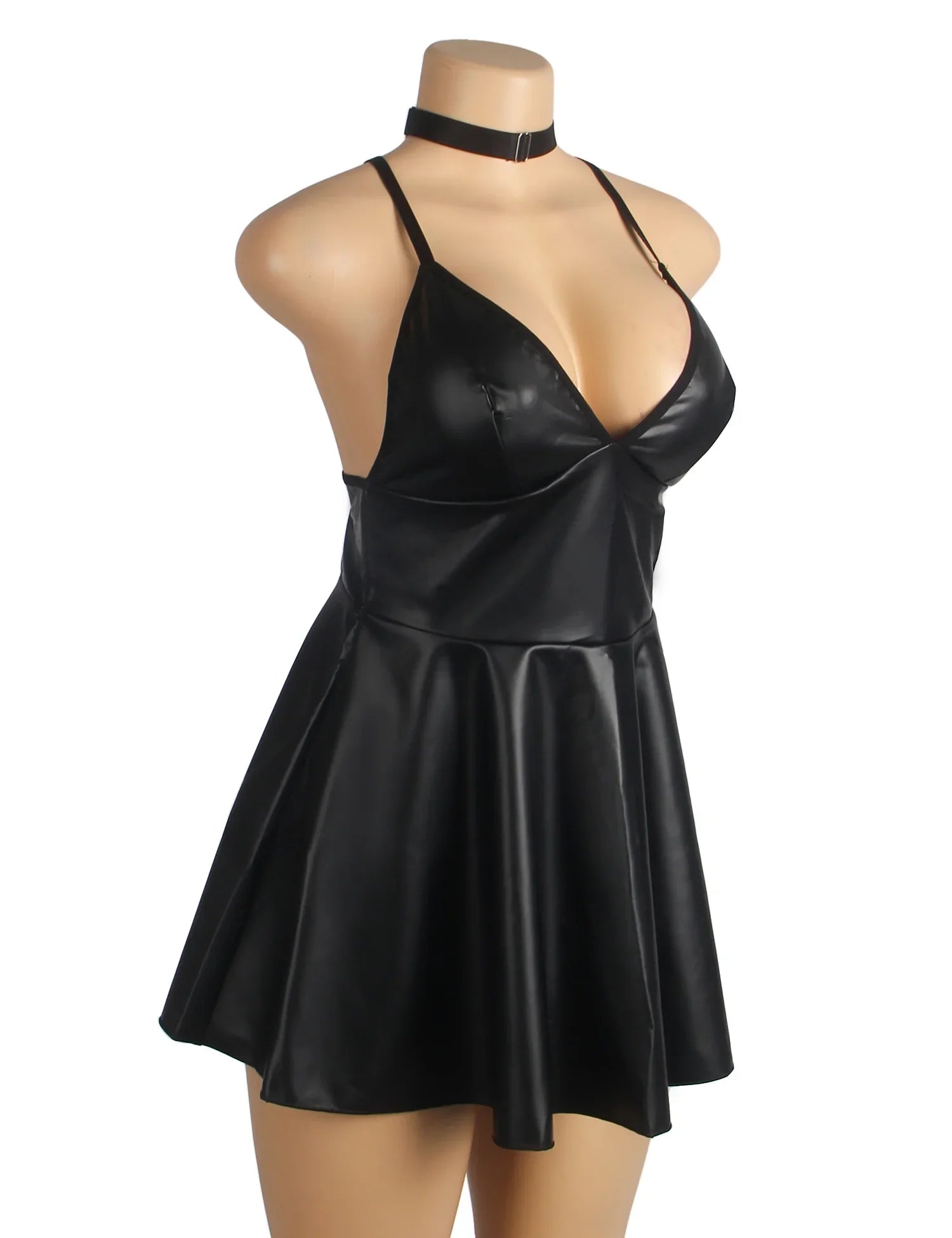 Women Black Nightclub Short Dresses Deep V-Neck Sleeveless Vestidos Faux Leather Suspenders Sexy Nightdress Plus Size Baby Doll