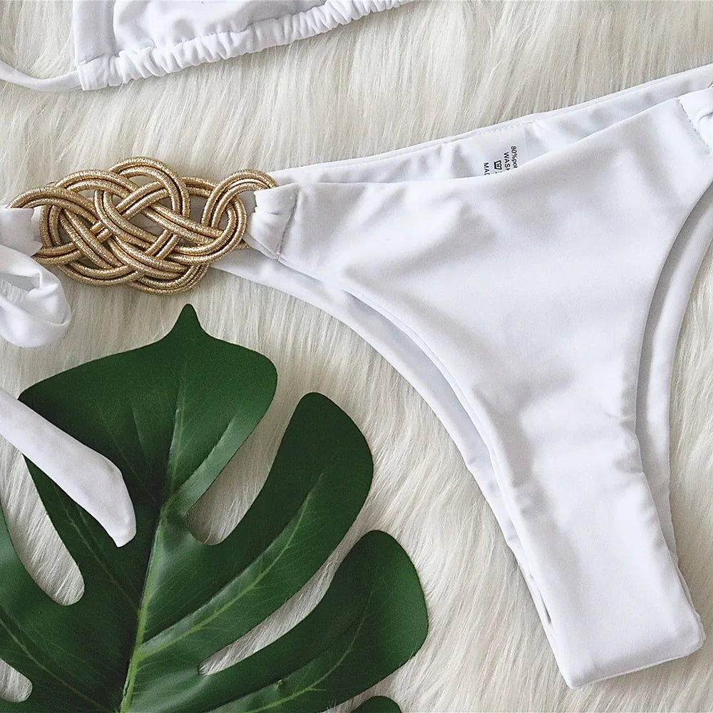 5 Colors Sexy Bikini Women Solid Hand-woven Knot Swimwear Swimsuit Female Bandage Halter Beach Bikini Set Bathing Suit Banadores