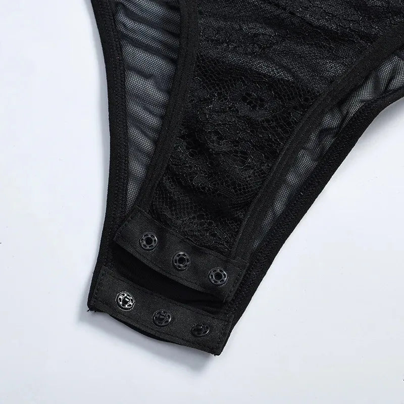 Toucheart Sexy Mesh Patchwork Embroidery Jumpsuit For Women Lace Sling Underwear Solid Color Sexy See-Through Backless Jumpsuit