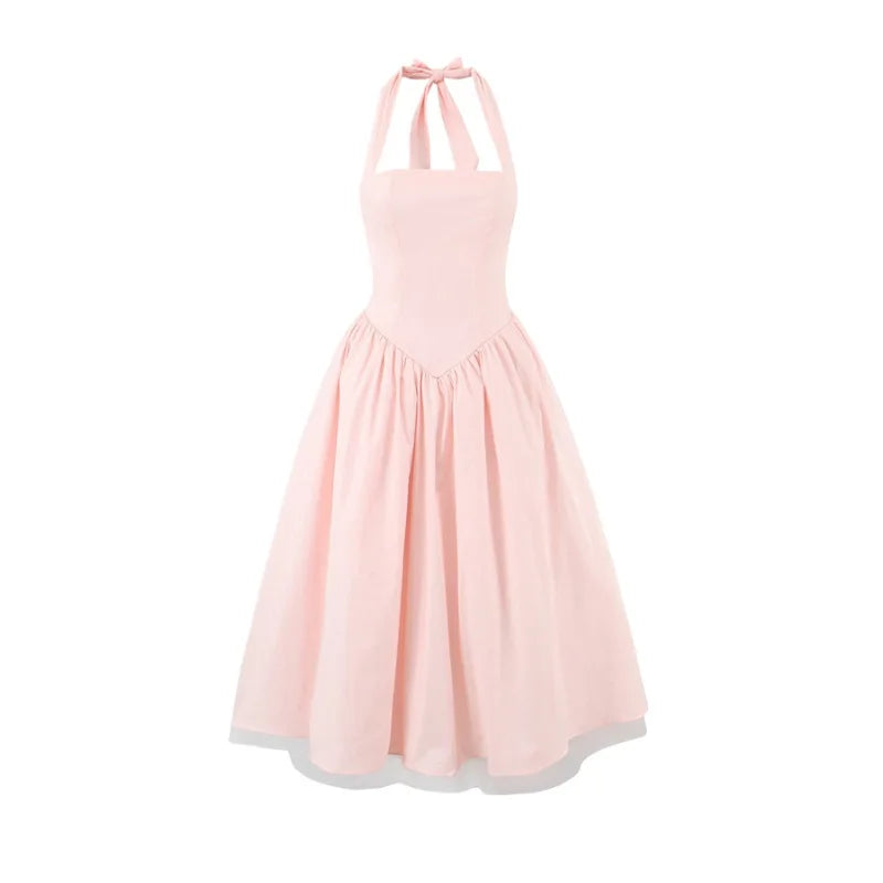 French Style Backless Cross-strap Halter Neck Dress For Women With Hard Mesh Panels Waist-cinching Pleated Large Hem Casual FYR0