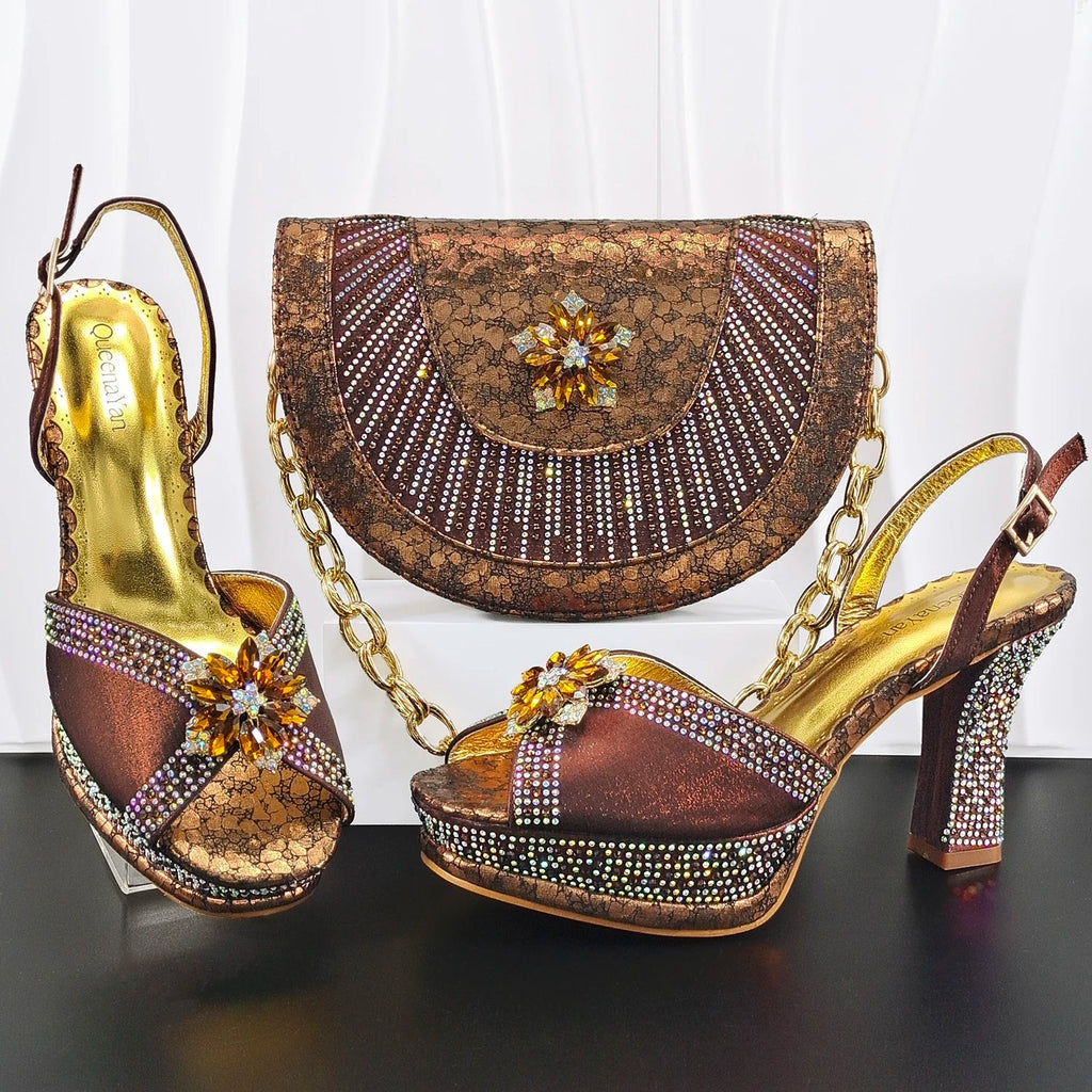 Doershow Italian COFFEE Shoes And Bag Sets For Evening Party With Stones Italian Leather Handbags Match Bags! HM1-1