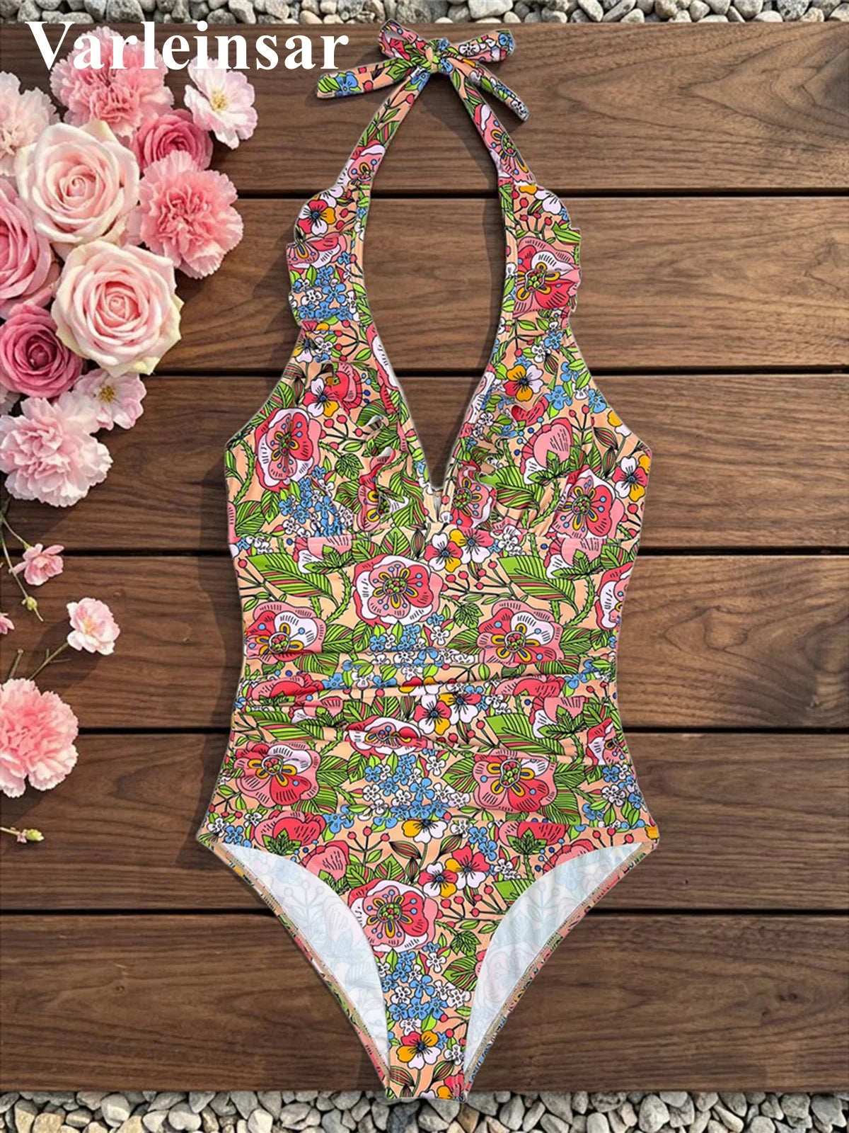 S - XL 2026 Flower Printed Floral V Neck Women Swimwear One Piece Swimsuit Female Halter Monokini Bather Bathing Suit Swim V8221