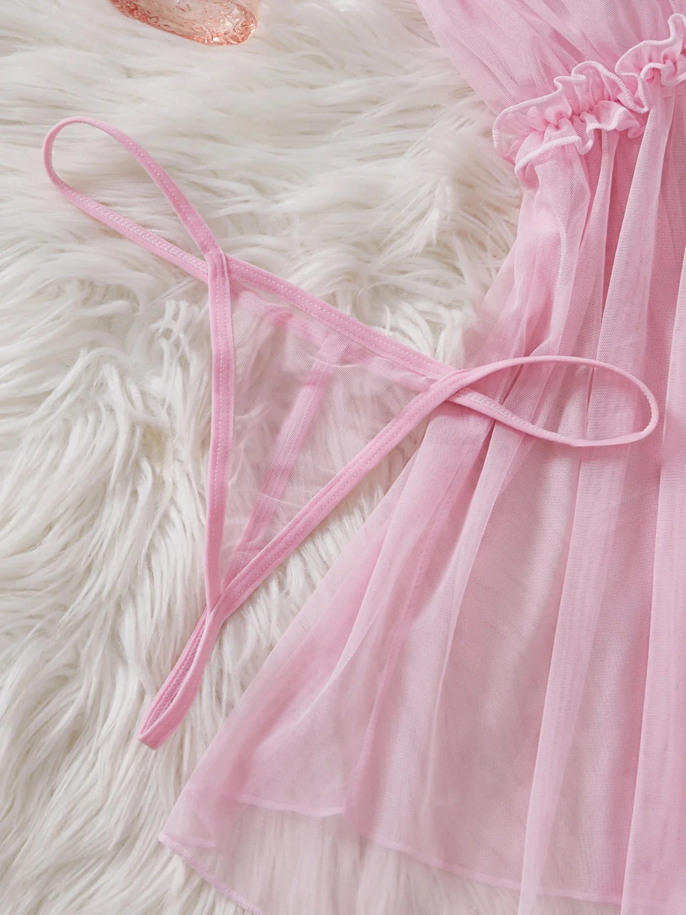 Women Perspective Mesh Nightdress Bow Wrapped Around Chest Pink Sexy Babydoll With Thong Erotic Sexy Lingerie Valentine Day Gift