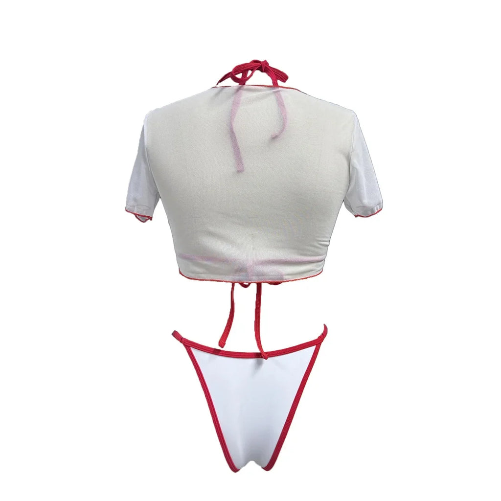 XS -XL Cherry Printed Short Sleeve Bikini Female Swimsuit Women Swimwear Three-pieces Bikini set Bather Bathing Suit Swim V6854