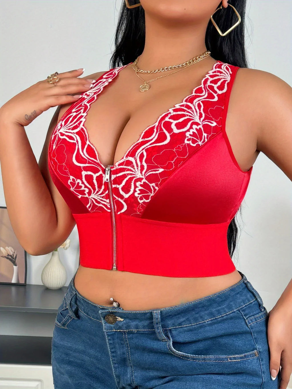 Plus Size Sexy Lingerie Set, Embroidered Front Zipper Plunge Bra, Wireless Push-up Support Bra