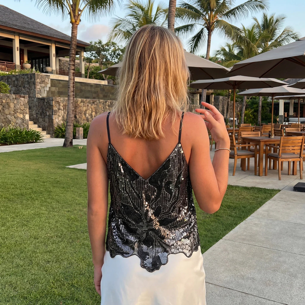 Women's Summer Loose Glitter Sequin Cami Tops Sleeveless Spaghetti Strap V Neck Camisole Clubwear