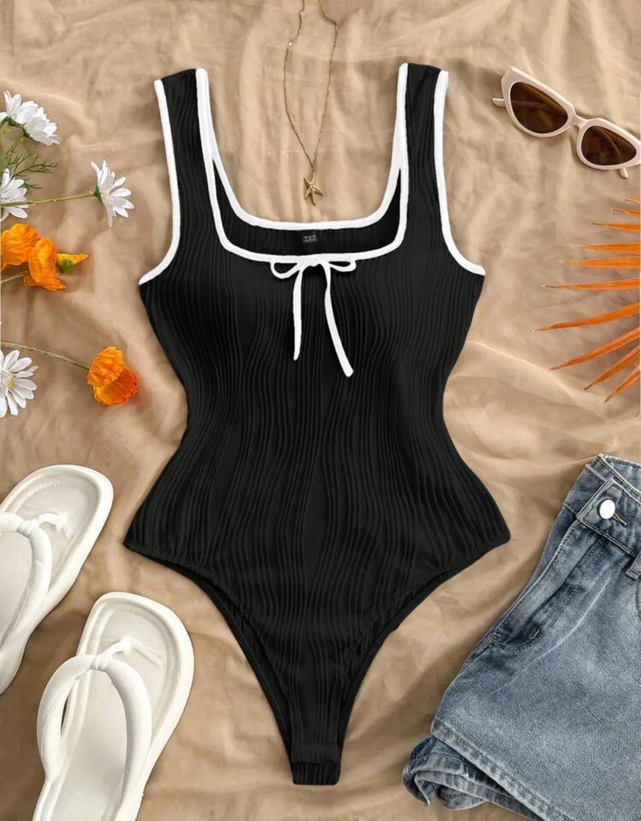 Vintage White Patchwork One Piece Swimsuit 2026 Women Front Tie Slim Tummy Control Swimwear Summer Holiday Bathing Suit Monokini