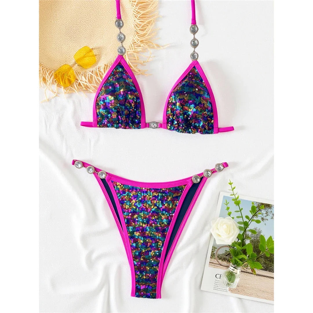 S - XL New Sequins Rhinestones Halter Bikini Female Swimsuit Women Swimwear Two-Pieces Bikini Set Bather Bathing Suit Swim V8359