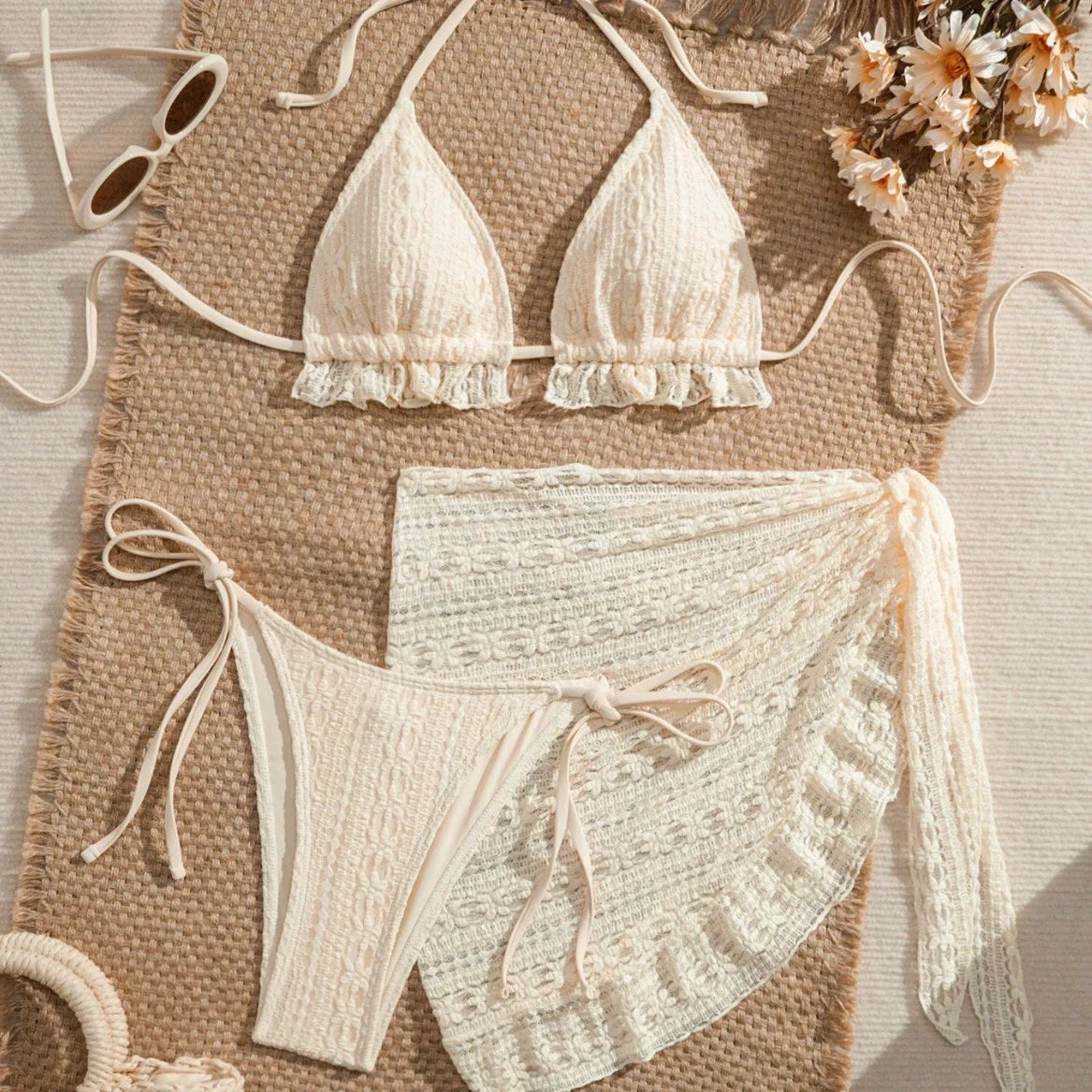DEKA Lace Ruffled Swimwear Women Bikinis Set Backless Lace Up Bathing Suit Sexy Thongs Split Swimsuit Summer Beach Mini Skirt