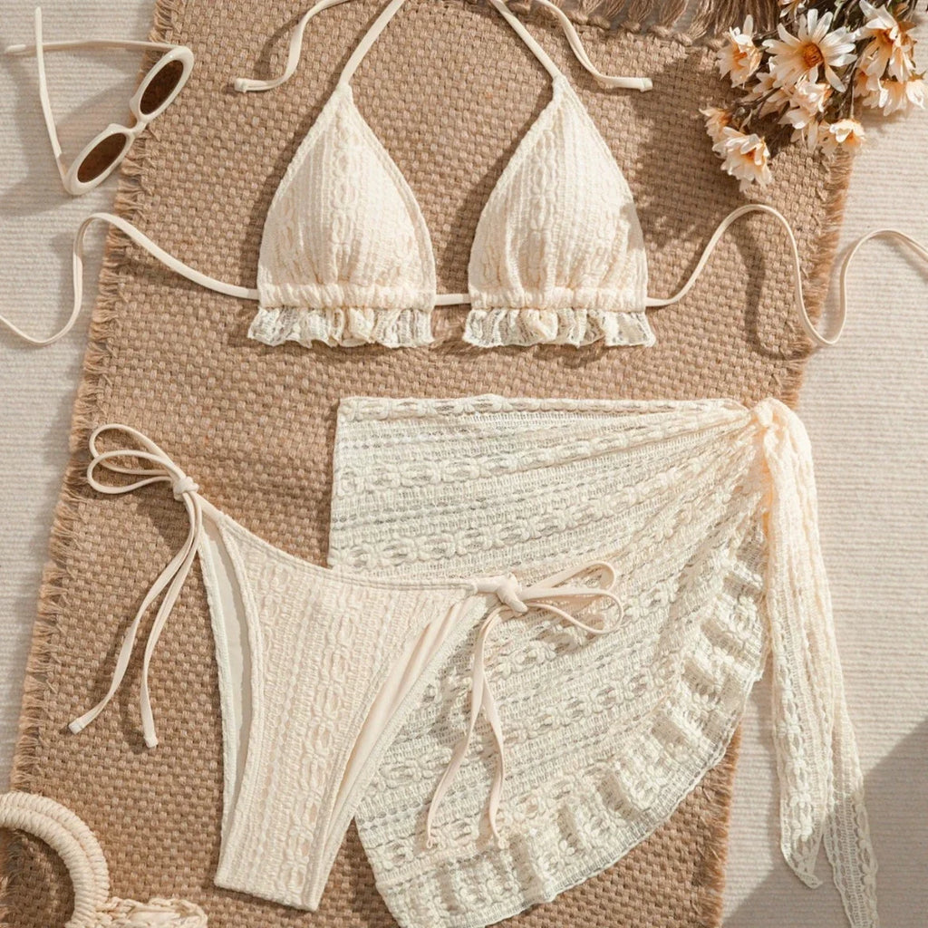 DEKA Lace Ruffled Swimwear Women Bikinis Set Backless Lace Up Bathing Suit Sexy Thongs Split Swimsuit Summer Beach Mini Skirt