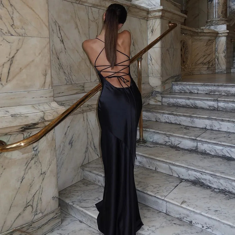FDYOUI Women's Bandage Long Maxi Satin Dress Black 2026 Sexy Spaghetti Strap Slash Neck Backless Lace-up Party Evening Dresses