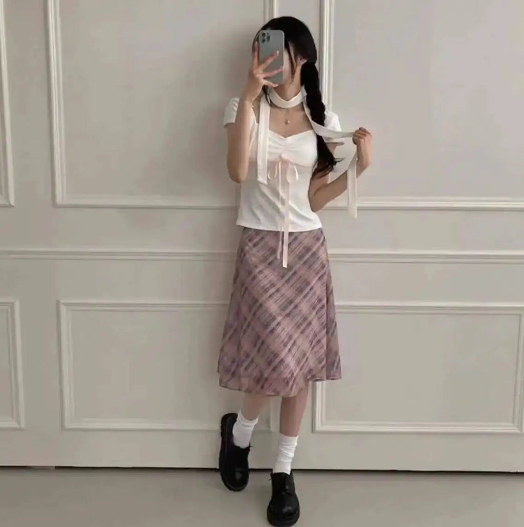 Sweet Skirts Chic Plaid Mini Skirt High Waist A-Line Korean Sle Commute Spring New Arrival Women's Fashion Mid-Length Skirts I3G