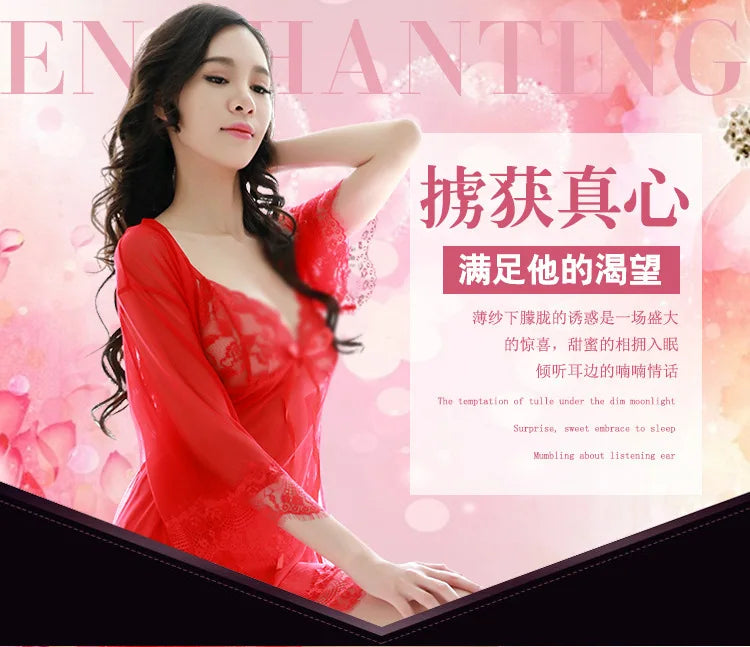 TJ large size see-through suspender sexy temptation lace nightgown temptation mesh pajamas