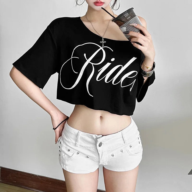 Letter Print Oversized Tees Women Skew Collar Off Shoulders Short Sleeves T-shirt Irregular Hem Hip-hop Style Trend Crop Tops