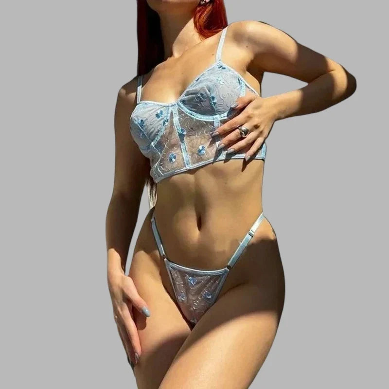 Toucheart Sexy Lingerie Mesh Embroidered Flowers Underwire Fishbone Sexy Floral Transparent Lace Underwear Sexy Lingerie Suit