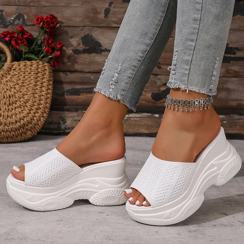 Peep Toe Wedge Heel Slippers Women Breathable Knitted Chunky Platform Sandals Woman Plus Size 43 Thick Sole Summer Sandals 2026