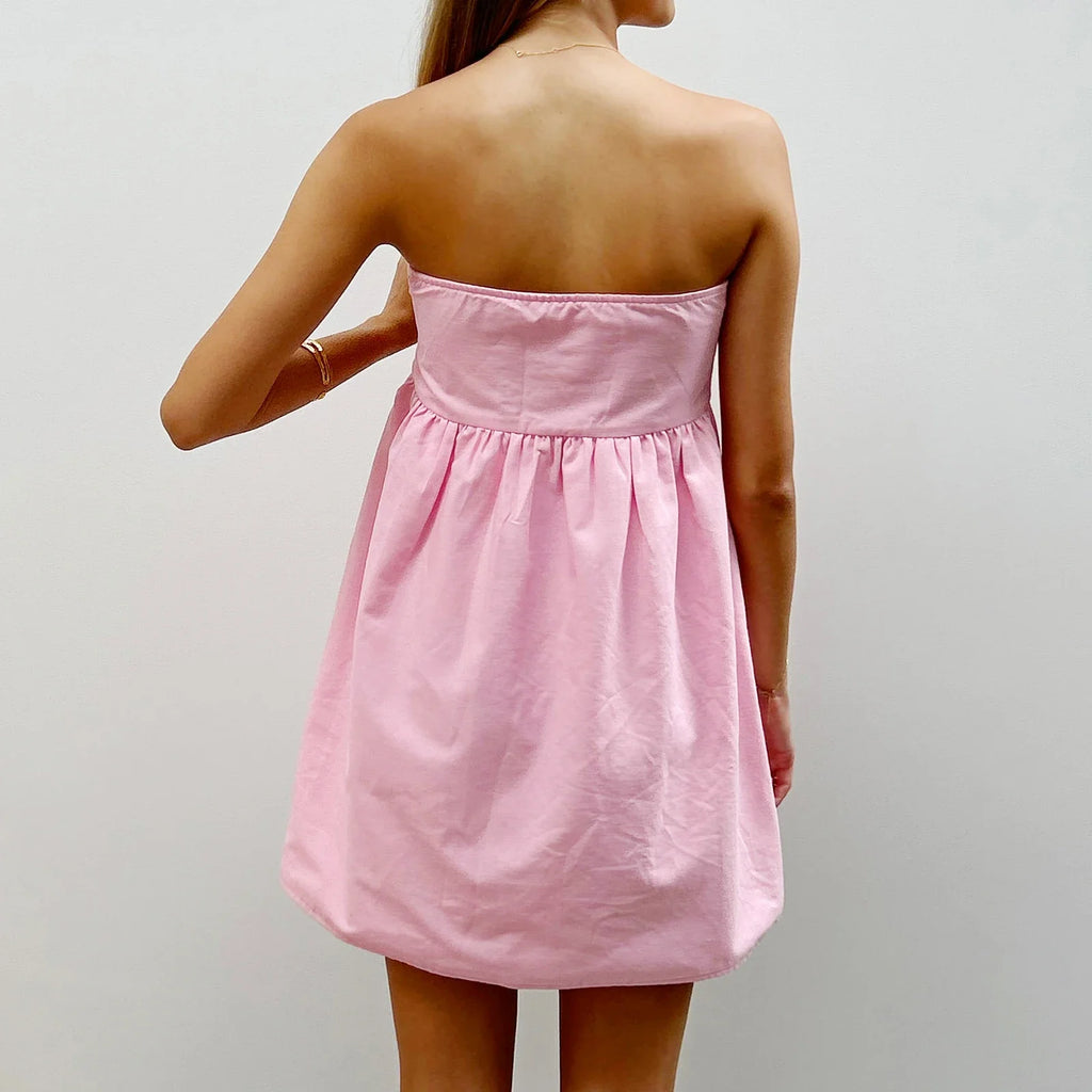 Women Sleeveless Strapless Backless Mini Dresses Summer Solid Color A-line Dress