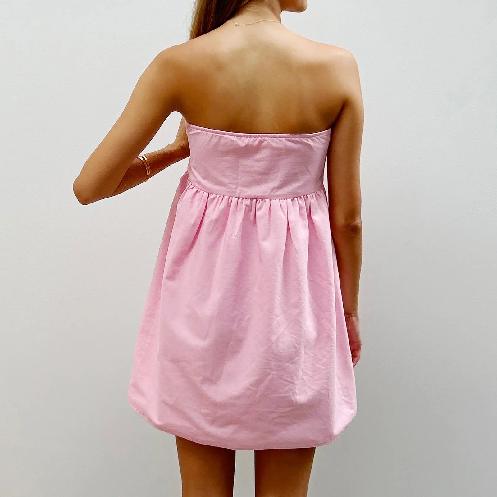Women Sleeveless Strapless Backless Mini Dresses Summer Solid Color A-line Dress