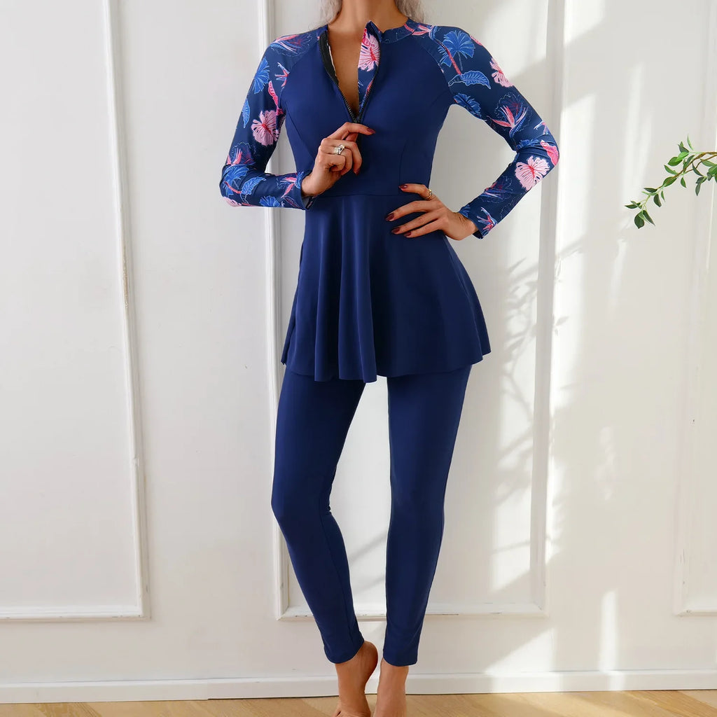 Muslim Swimwear Burkini Sets for Women Black Floral Print Zipper Long Sleeve Top Long Panties Sports Swimsuit Bathing Suit
