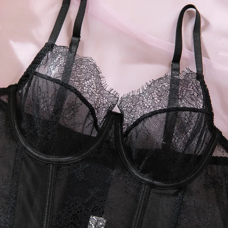 Toucheart Erotic Sexy See-through Lace Sling Women's Fishbone Breast Button Push-up Waist Women Hot Sexy Lingerie with Stockings