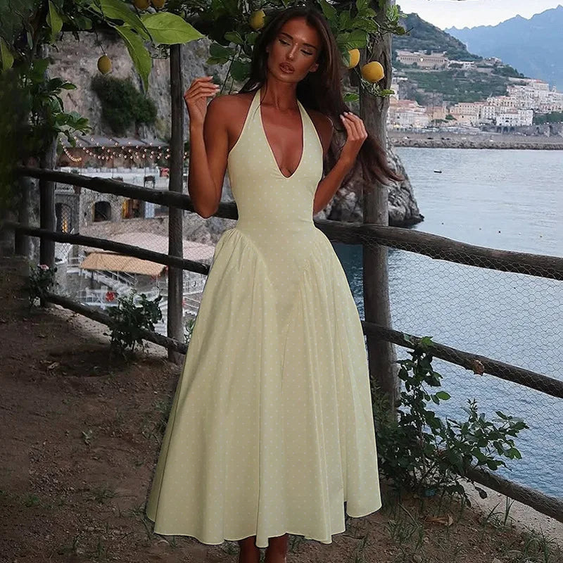 FDYOUI Chic Halter Polka Dot Vacation Dresses for Woman 2026 Summer Lace-up Backless High Waist Tunics Ruched A-line Party Dress
