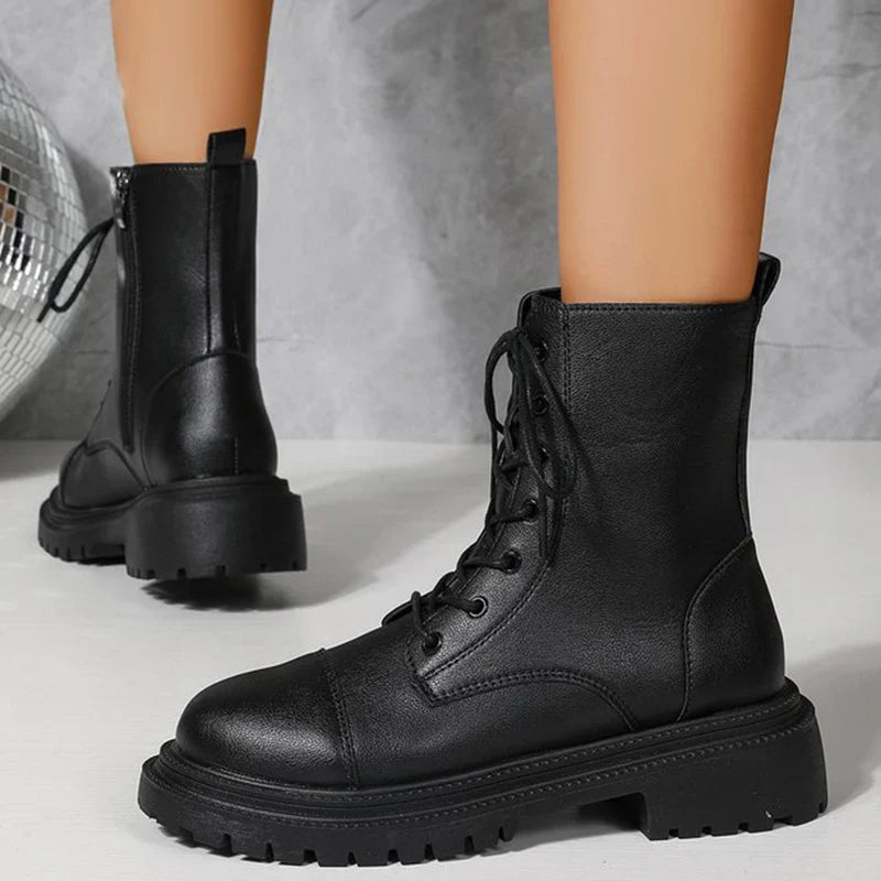 2025 Fashion Leather Lace-Up Ankle Boots for Women Wear-Resistant Zip Platform Woman Bootie Round Toe Zip Women's Boots