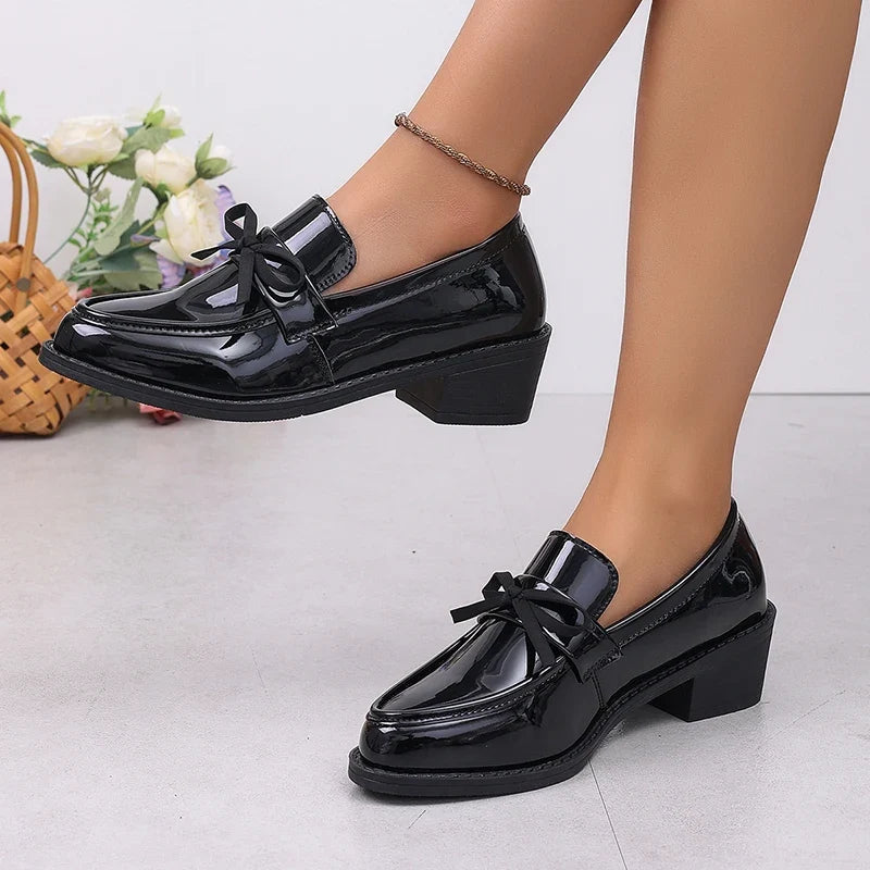 Patent Leather Bowknot Oxford Shoes Women Plus Size 43 Pointed Toe Thick Heel Pumps Woman Elelgant Slip On Pu Leather Shoes 2026