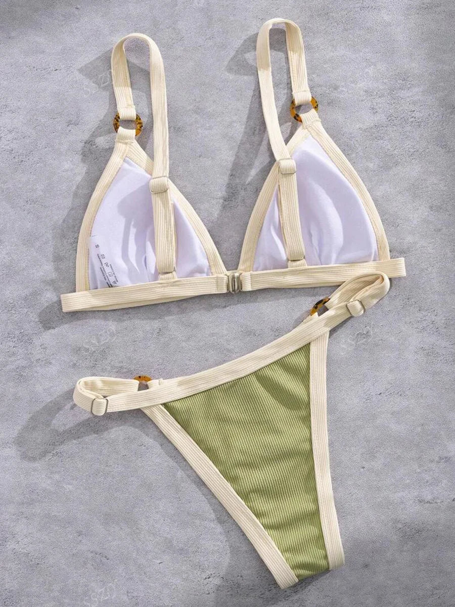 Splicing Ribbed High Cut Rings Bikini Women Swimsuit Female Swimwear Two-pieces Bikini Set Bather Bathing Suit Swim Beachwear