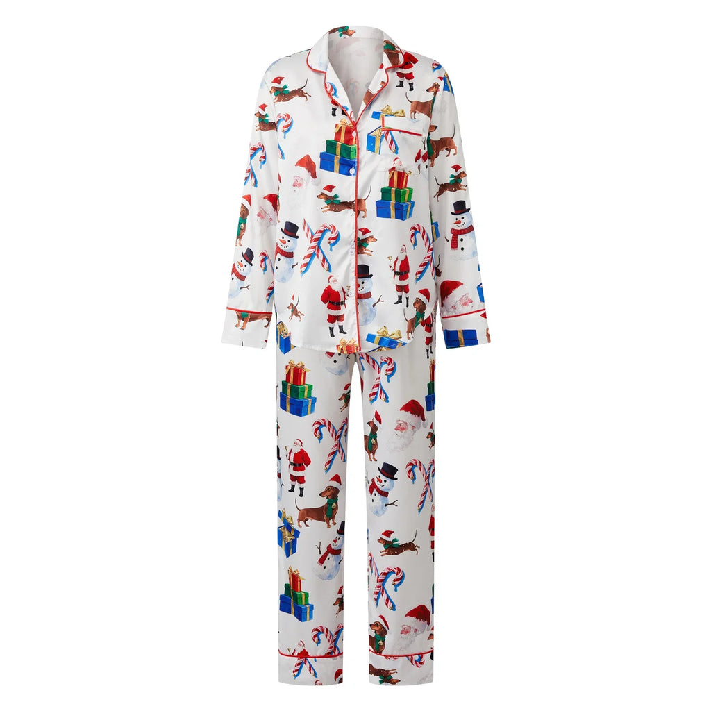 Women Christmas Two Pieces Pajama Set Bow/Dog/Snowman Print Long Sleeve Shirt with Pants Sleepwear Loungewear