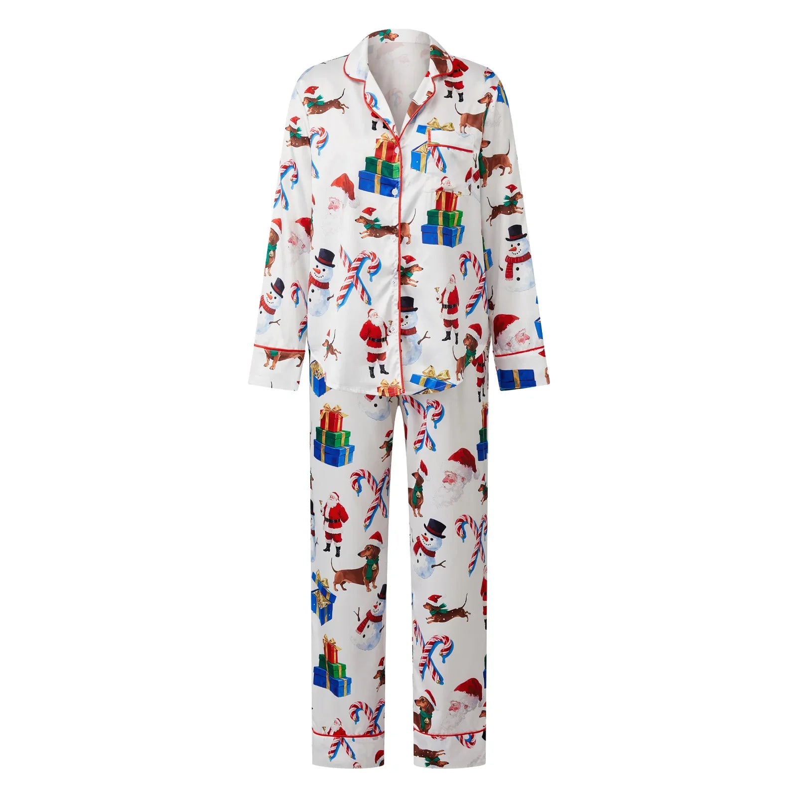 Women Christmas Two Pieces Pajama Set Bow/Dog/Snowman Print Long Sleeve Shirt with Pants Sleepwear Loungewear