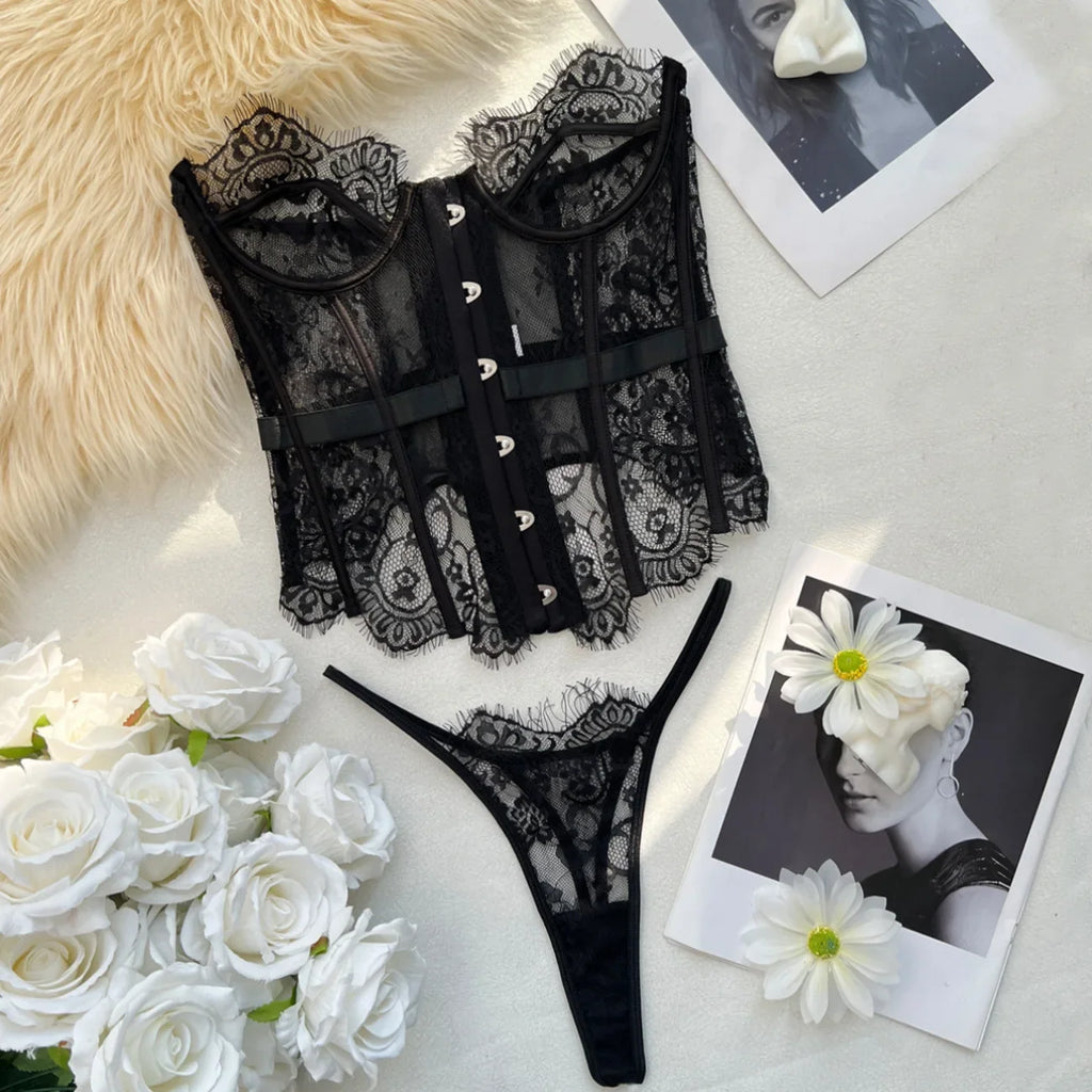 Toucheart Erotic Bodysuit French Retro Black Lace Jumpsuit Women's Sexy Delicate Intimate Seductive Backless Fishbone Shapewear