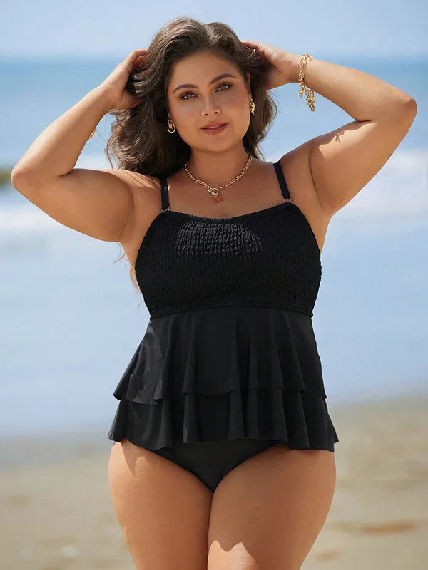 VigoJany 2026 Solid 2 Piece Plus Size Tankini Set Women Strapped Ruffle Curvy Swimsuit High Waist Beach Lady Big Bathing Suit