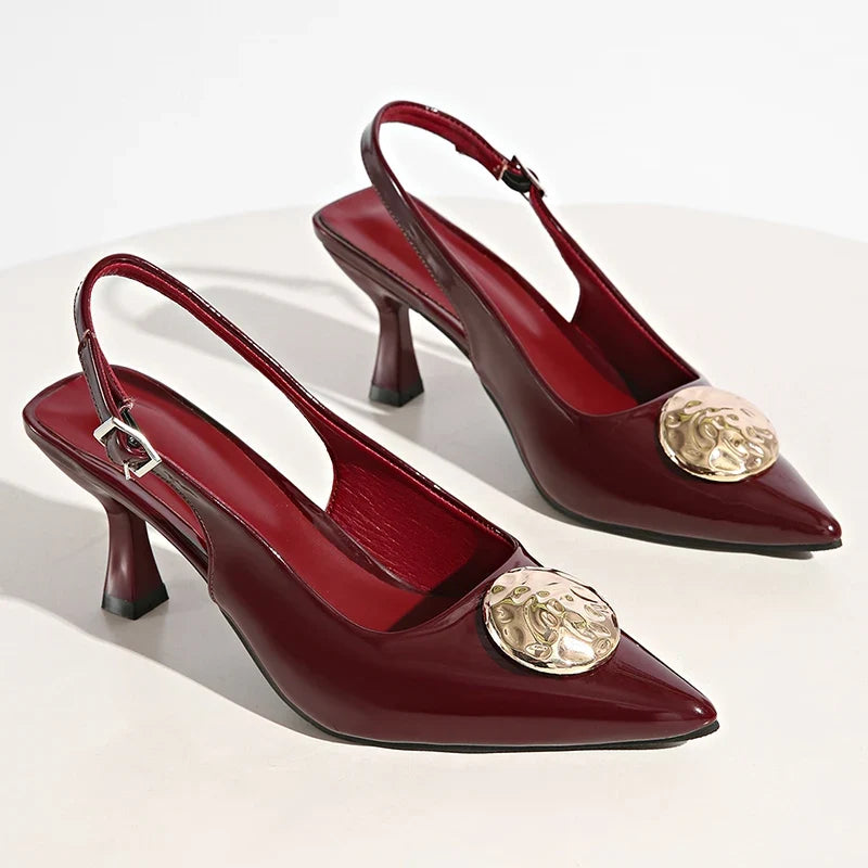 Wine Red Pointed Toe Stiletto Mules for Women Fashion Metal Decor High Heeled Sandals Woman Plus Size 42 Slip On Slingbacks