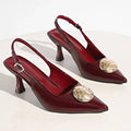 Wine Red Pointed Toe Stiletto Mules for Women Fashion Metal Decor High Heeled Sandals Woman Plus Size 42 Slip On Slingbacks