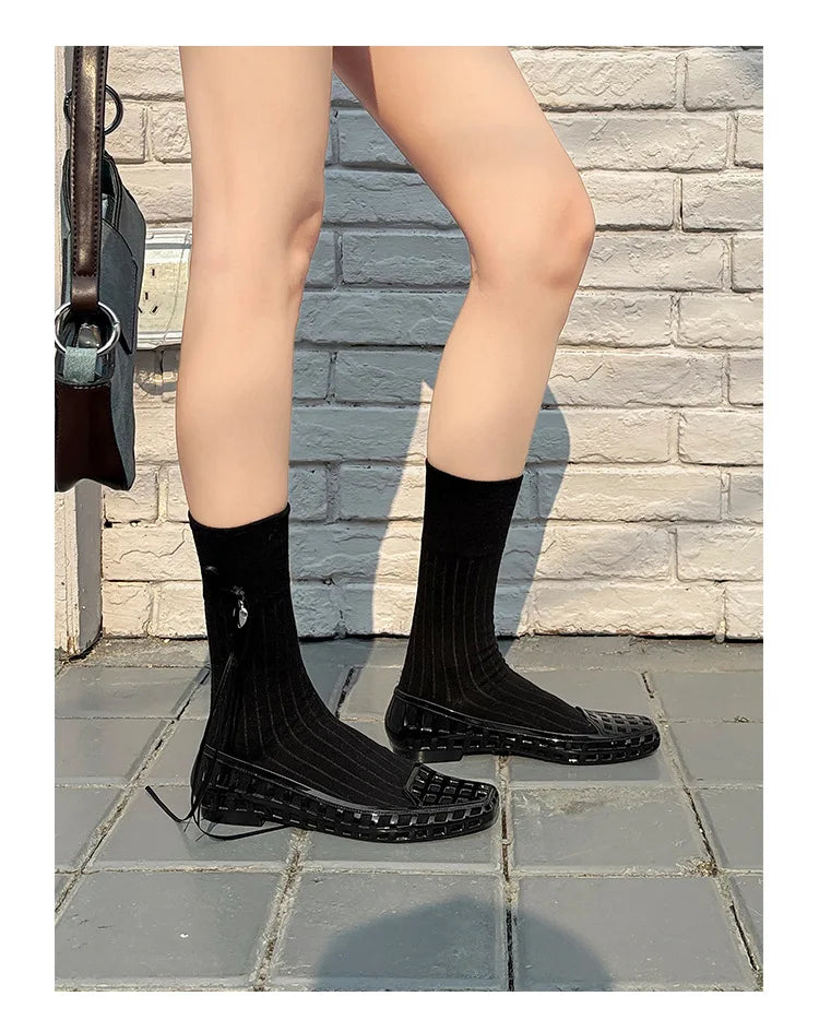 New 2025 Women Fashion Jelly Shoes Summer Cut-out Flat Sandals, Soft PVC Casual Square Toe Girls Daily Walking Sandalias
