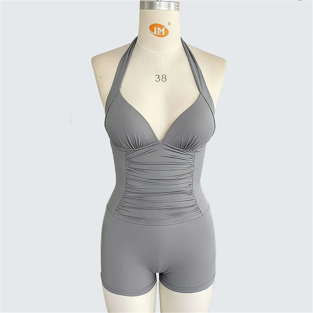 S - XXL Halter V Neck Wrinkled One Piece Swimsuit Women Swimwear Female Shorts Monokini Padded Bather Bathing Suit Swim V7535