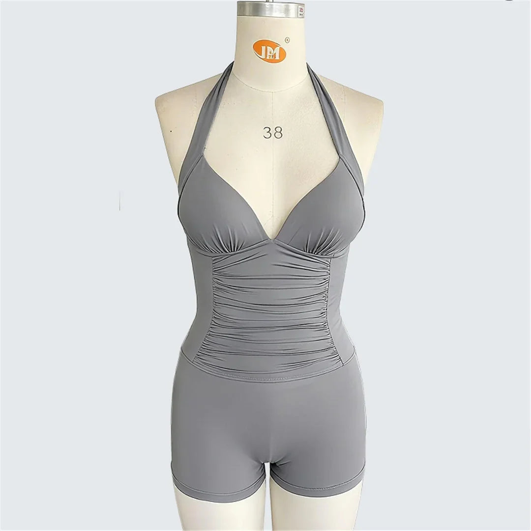 S - XXL Halter V Neck Wrinkled One Piece Swimsuit Women Swimwear Female Shorts Monokini Padded Bather Bathing Suit Swim V7535