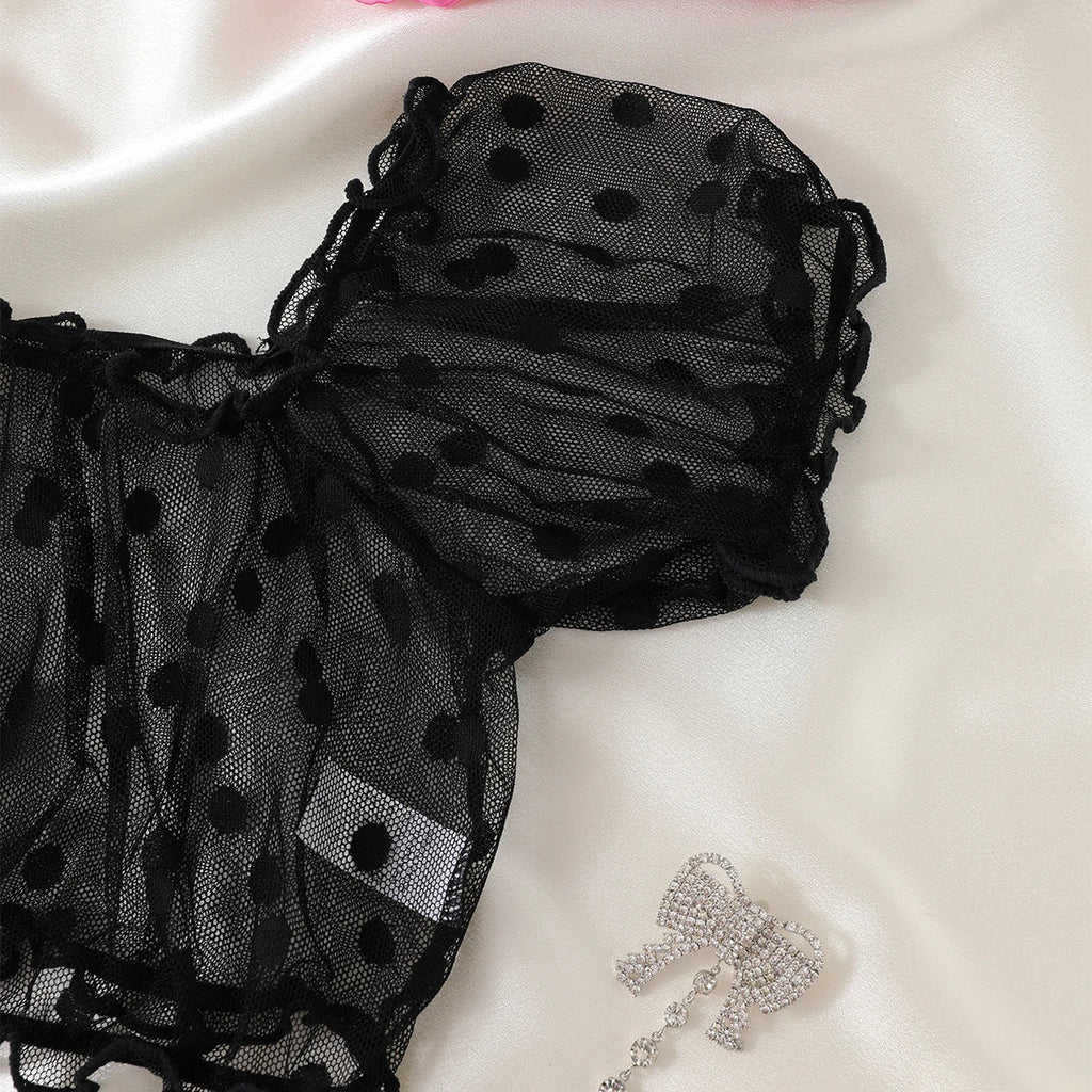 Women 2-Piece Transparent Erotic Sexy Lingerie Dot Embroidery Mesh Fancy Outfit Romantic Hot Underwear Set Bra And Panty Sets