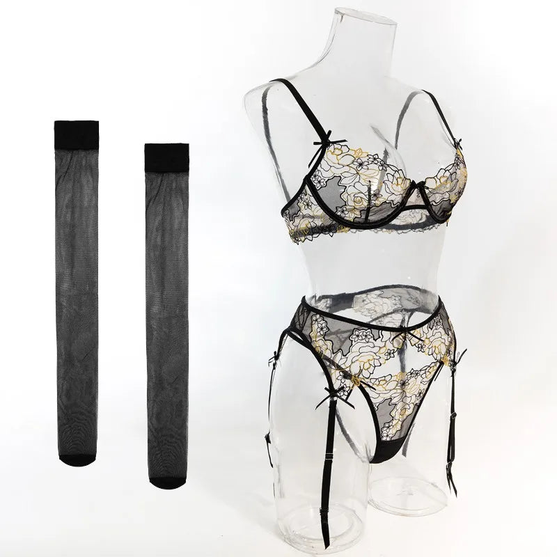 Toucheart Erotic LingerieNew Butterfly Embroidered Mesh See-through Sexy Contrastingerotic Lingerie Four-piece Setwith Stockings