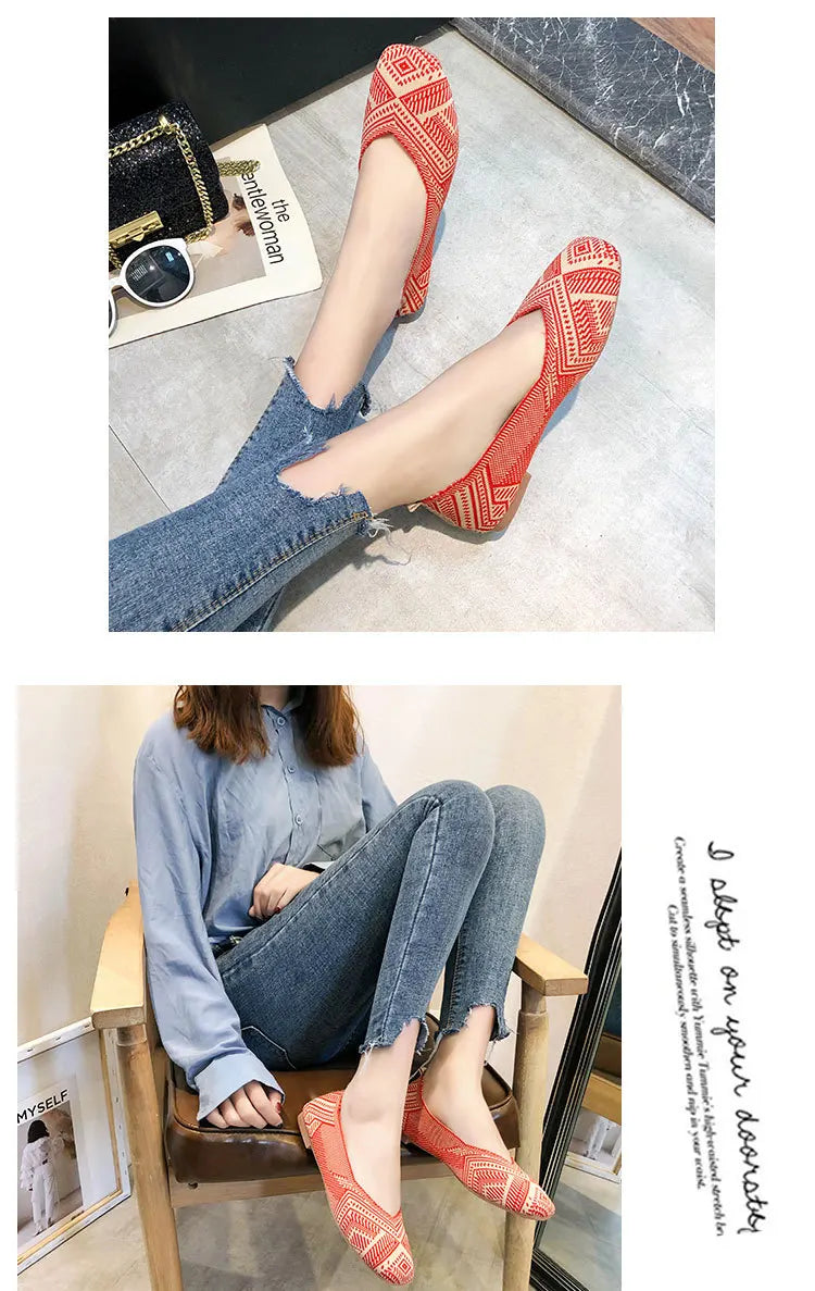Spring and Autumn Flat Shoes Fashion Leisure Women's Flat Shoes Square Toe Knitting Elastic Comfortable Slip-on Boutique Shoes