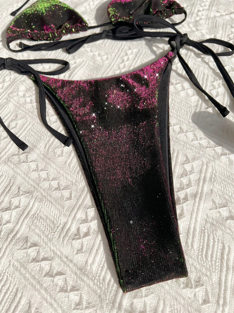 Sexy Shiny Gradient Purple Halter Strappy Bikini Female Swimsuit Women Swimwear Two-pieces Bikini Set Bather Bathing Suit Swim