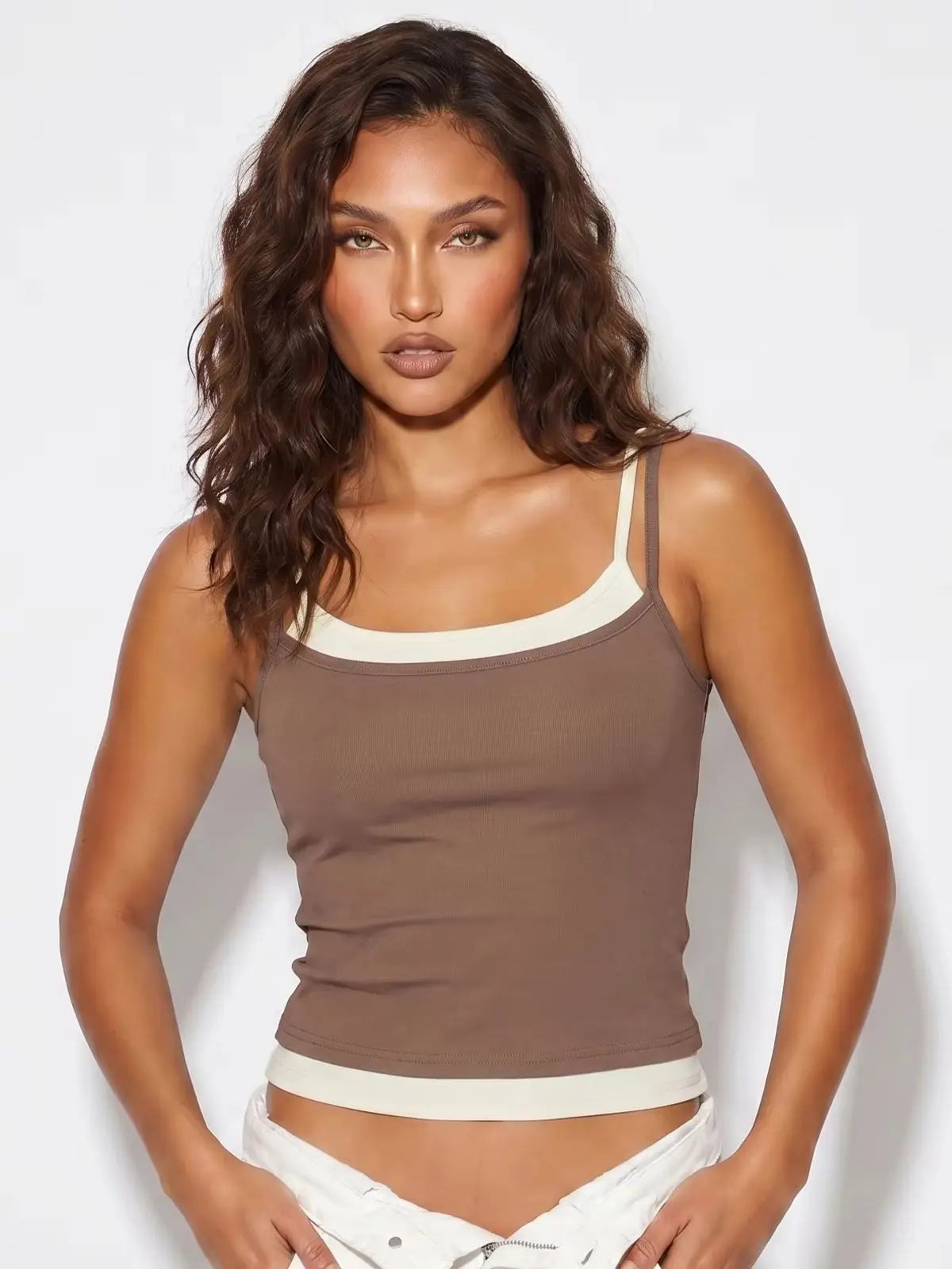 Summer Women's Camisoles Casual Stylish Contrast Color Layered Tank Tops Spaghetti Strap Slim Fit Vest Sporty Fitness Daily