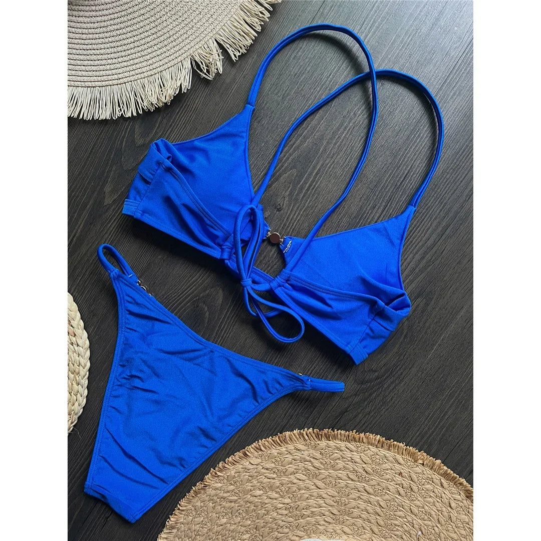 7 Colors New Cross Back Bikini Female Swimsuit Women Swimwear Two-pieces Bikini set High Leg Cut Bather Bathing Suit Swim V8252