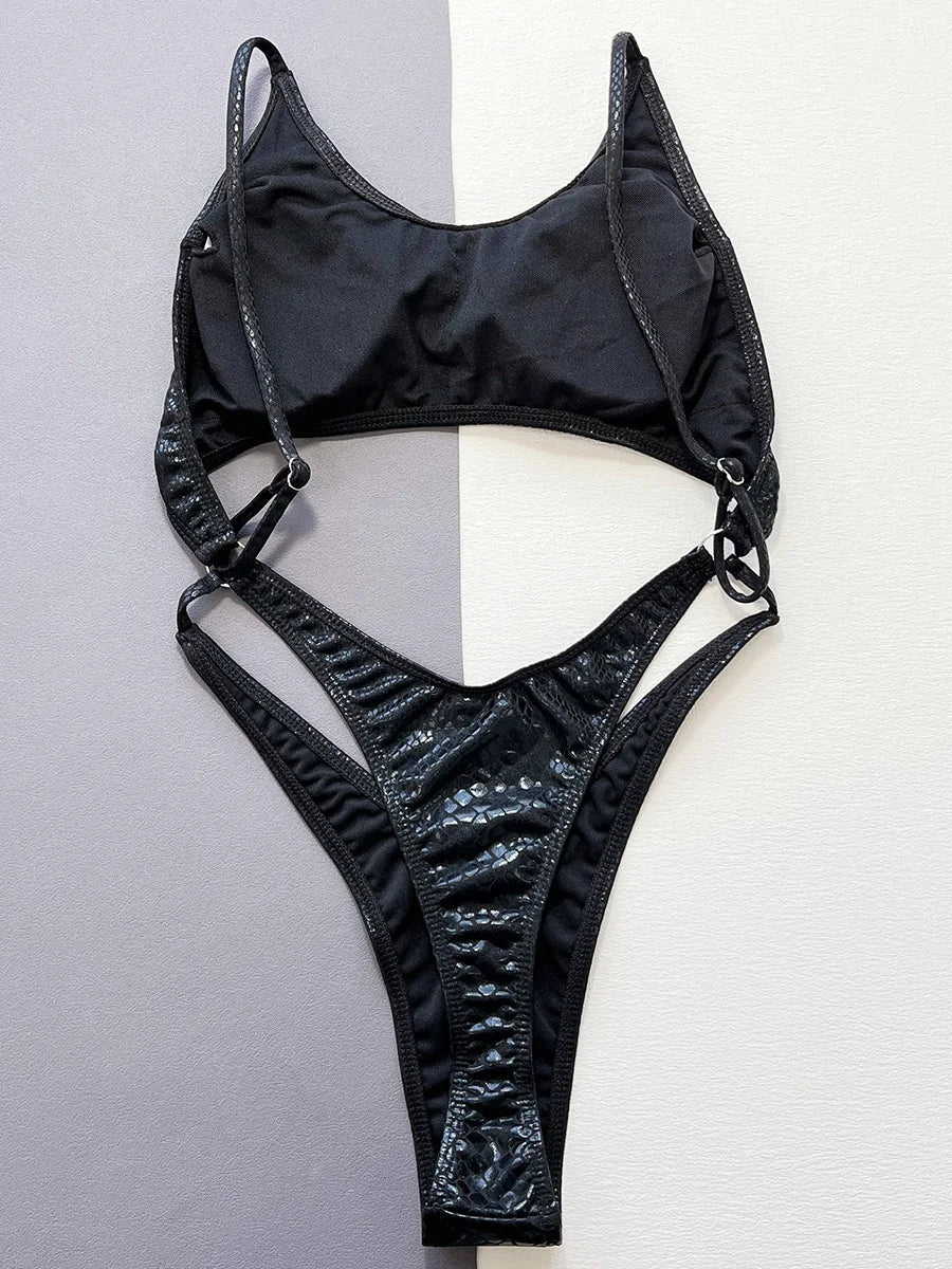 Snake Skin Tummy Cut Out Mini Mirco Thong One Piece Swimsuit Women Swimwear Female Monokini Backless Bathing Suit Swim Beachwear