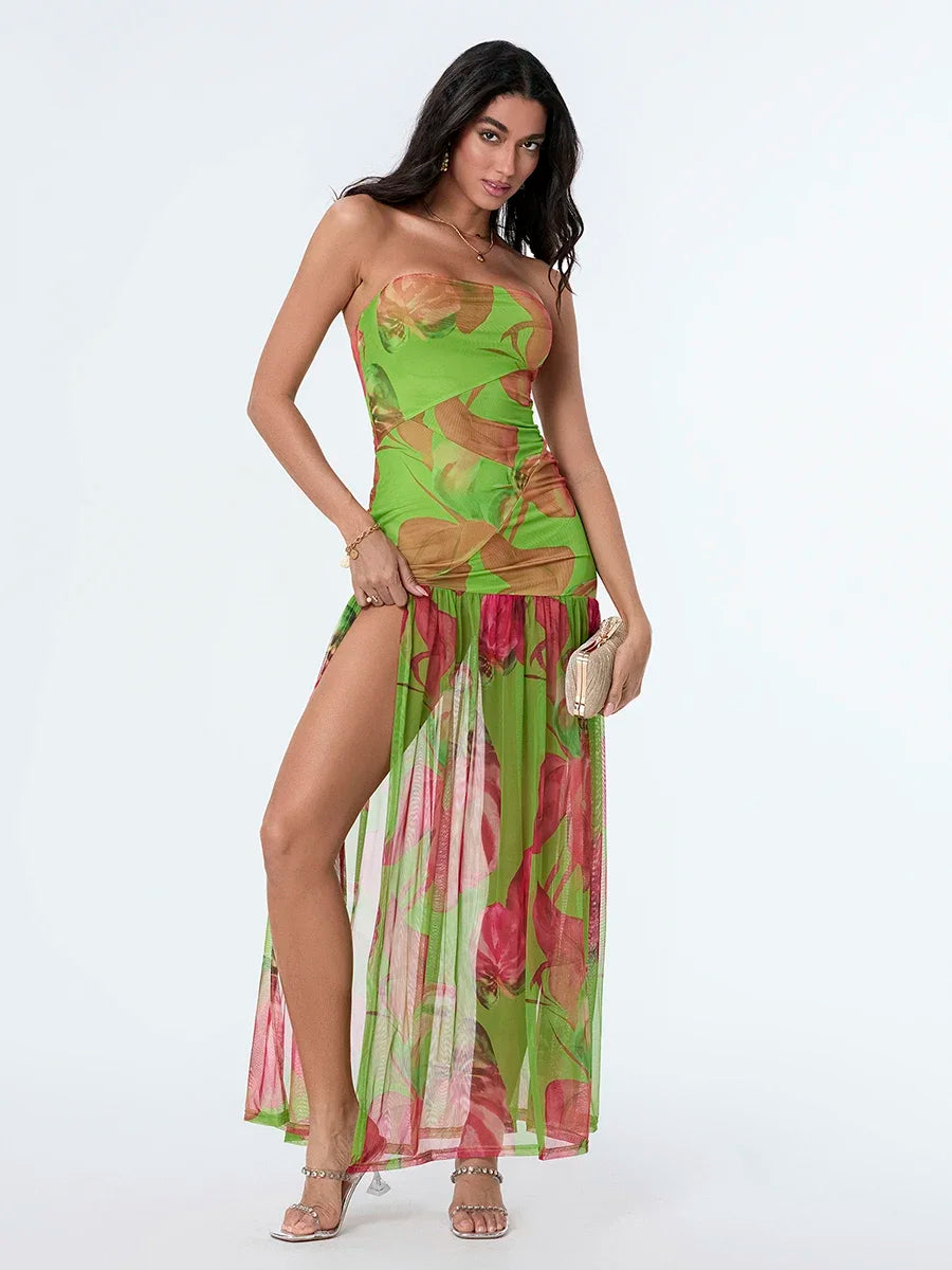 Women’s Tube Top Dress Bohemian Printed Strapless Mesh High Slit Long Dress Summer Evening Party Beach Sexy Club Dresses Summer