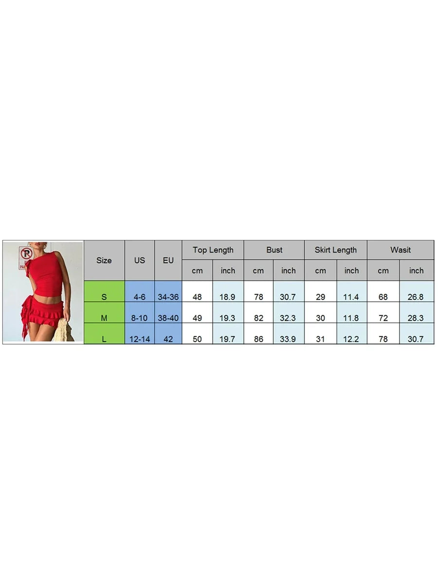 Women Summer Skirts Outfits Solid Color Tie-Up Sleeveless Tank Tops Ruffles Mini Skirts 2 Pieces Clothes Sets