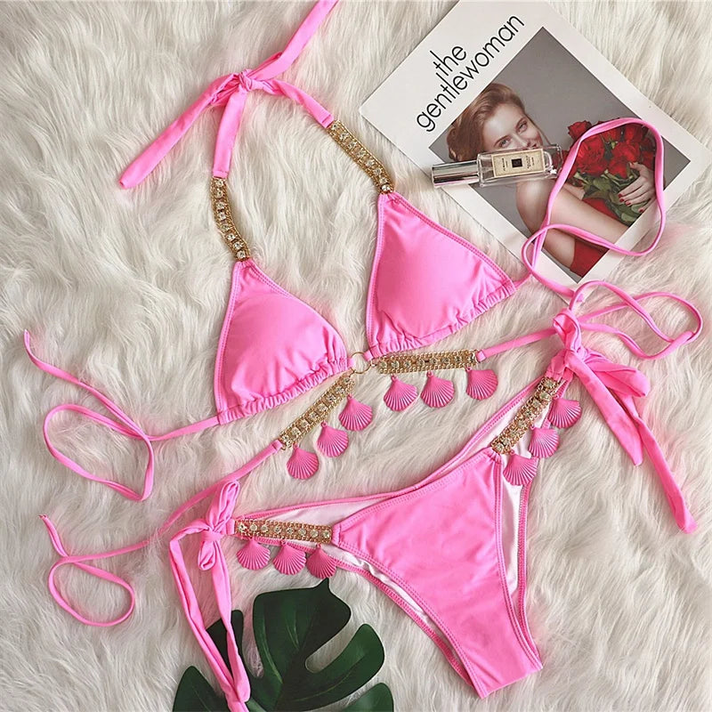 9 Colors New Sexy Bikini Women Rhinestone Shell Pendant Halter Gradient Swimwear Swimsuit Female Beach Bikinis Set Bathing Suit