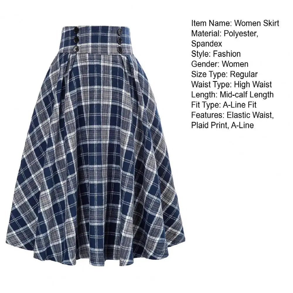 High Waist A-Line Skirt Women Midi Skirt Plaid Print Large Hem Design Autumn Winter Skirt Streetwear