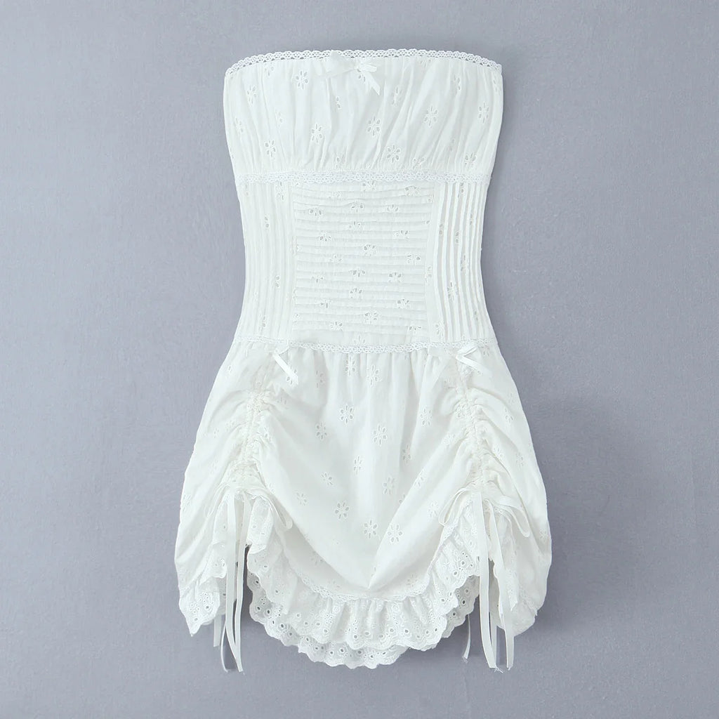 Foridol White Cotton Summer Women's Dress 2025 Off Shoulder Strapless Mini Beach Dress Casual Flower Embroidery Drawstring Dress