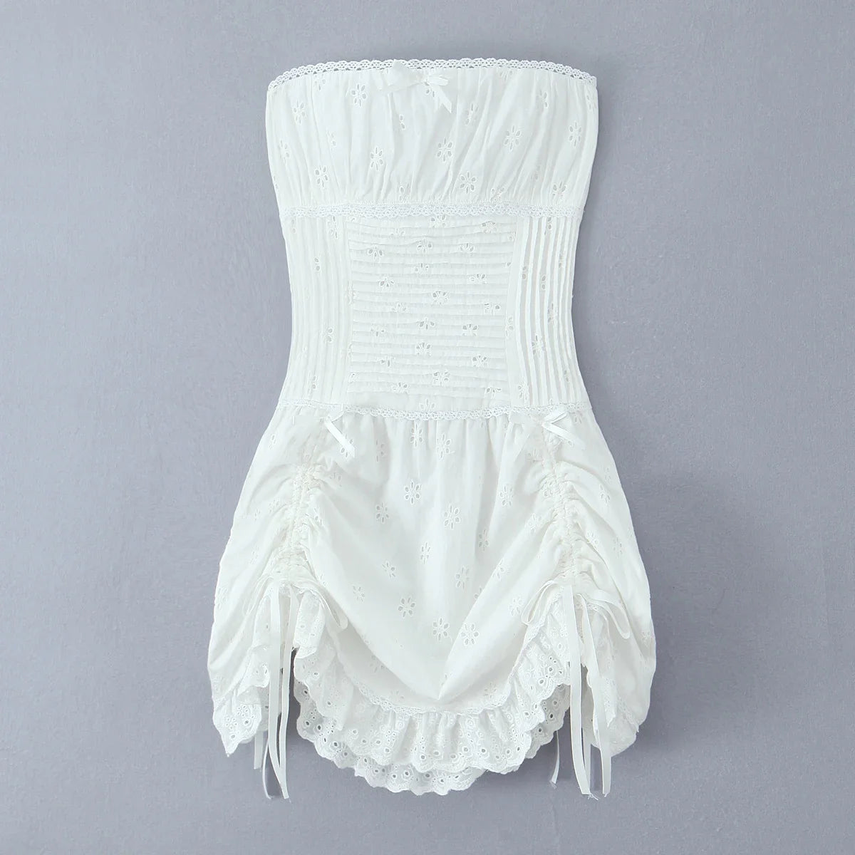 Foridol White Cotton Summer Women's Dress 2025 Off Shoulder Strapless Mini Beach Dress Casual Flower Embroidery Drawstring Dress